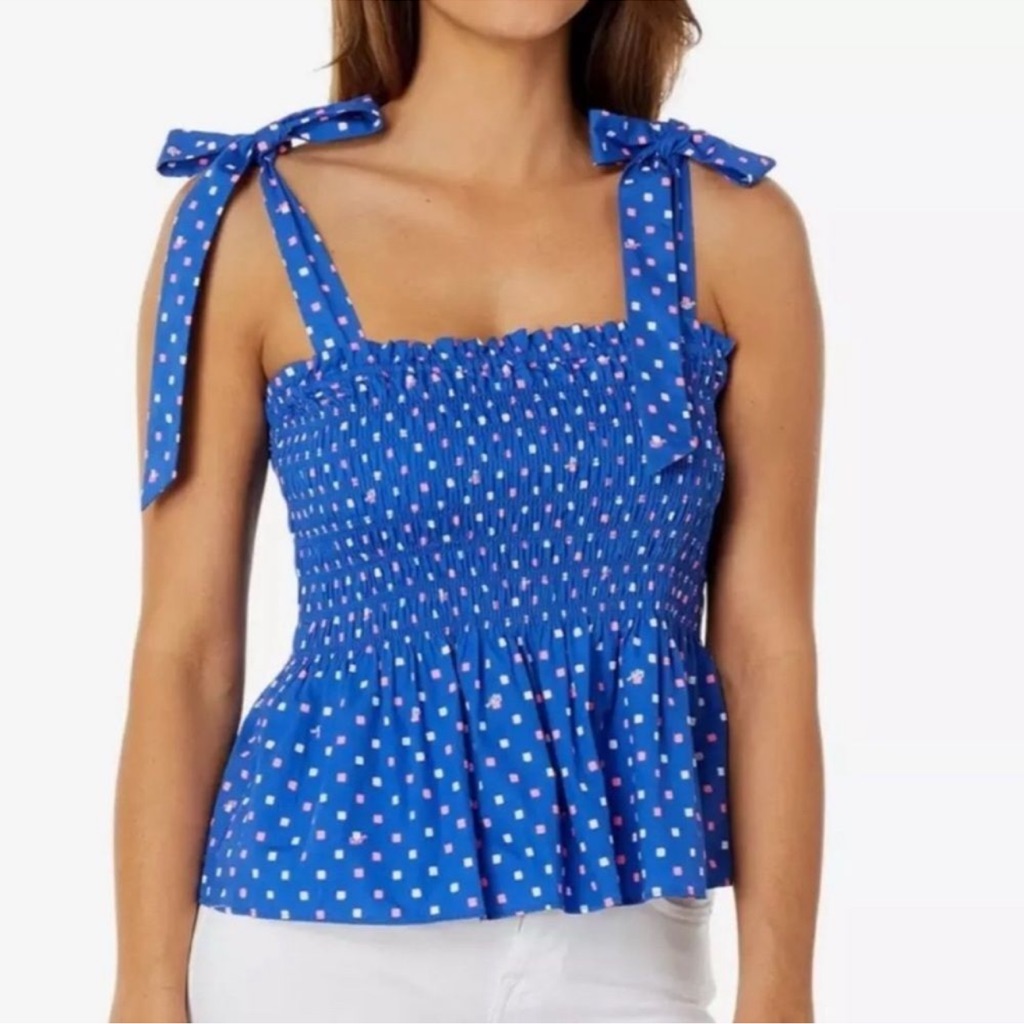 Lilly Pulitzer Women’s Borealis Blue Rivera Smocked Tie Top Ruffle Womens Large
